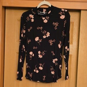 Maurices Black Stretchy Long Sleeve Tee with Pink Floral Pattern